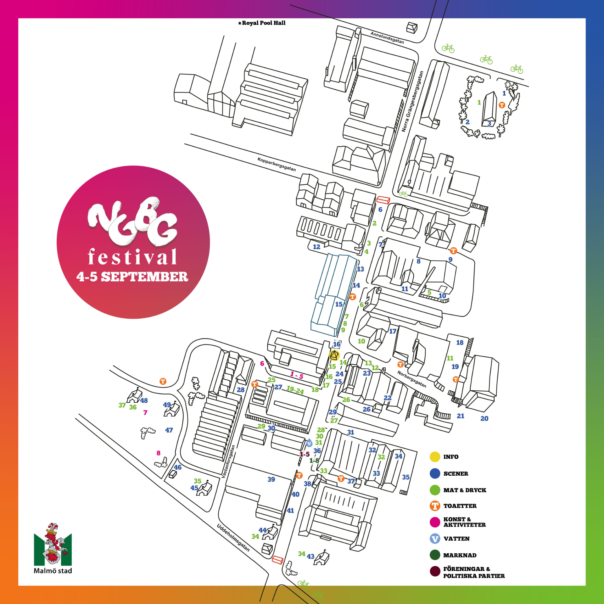 Karta över NGBG Festival 2026 på Norra Grängesbergsgatan i Malmö